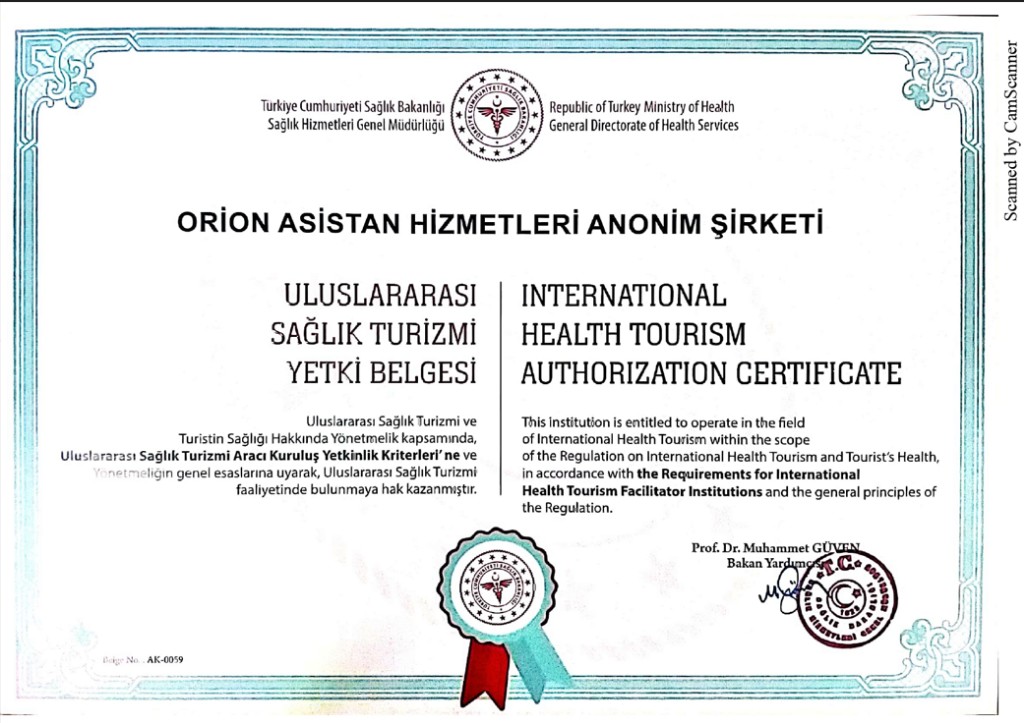 International Health Tourism and Tourist Health Authorized Intermediary Institution Certificate - Orion Assistance